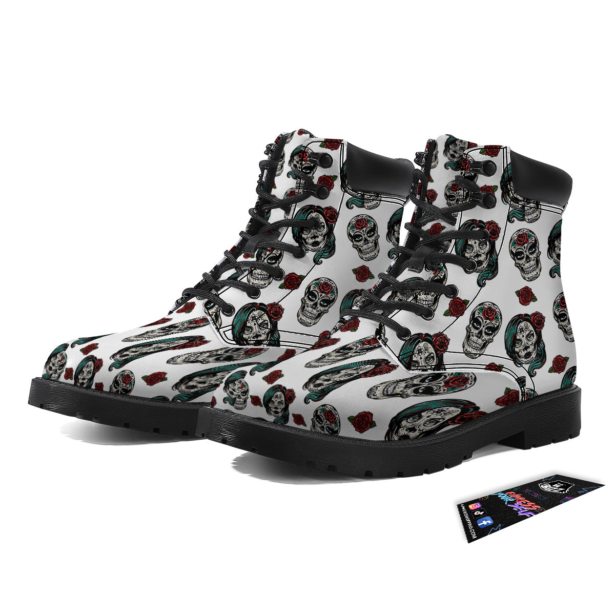 Sugar Skull White Floral Print Pattern Boots-grizzshop
