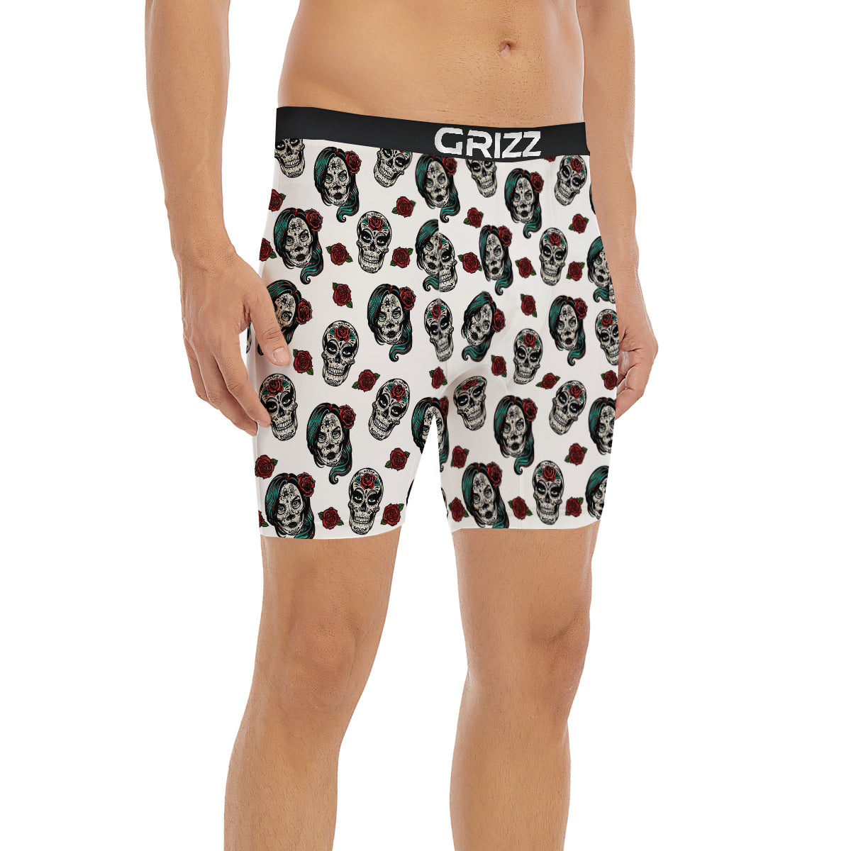 Sugar Skull White Floral Print Pattern Boxer Briefs-grizzshop