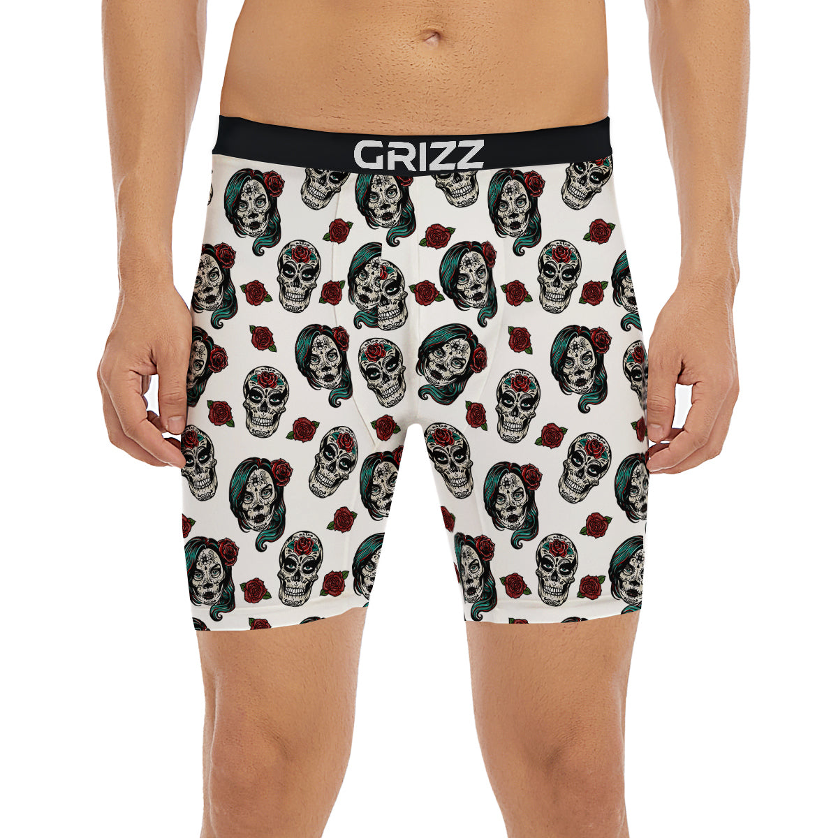 Sugar Skull White Floral Print Pattern Boxer Briefs-grizzshop
