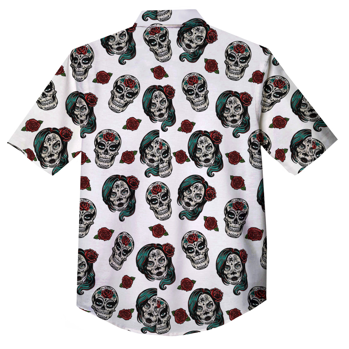Sugar Skull White Floral Print Pattern Button Up Shirt-grizzshop