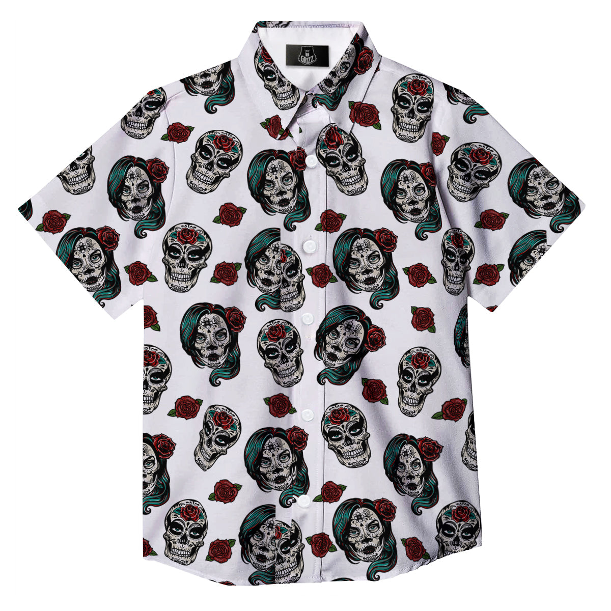 Sugar Skull White Floral Print Pattern Button Up Shirt-grizzshop
