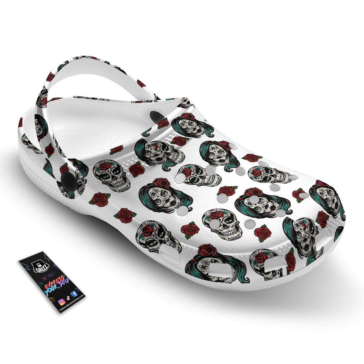 Sugar Skull White Floral Print Pattern Clog-grizzshop