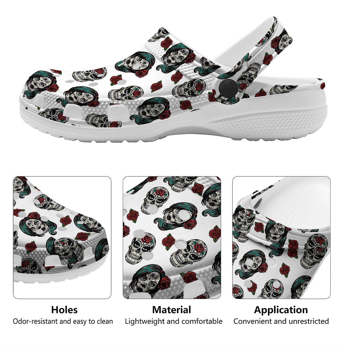 Sugar Skull White Floral Print Pattern Clog-grizzshop