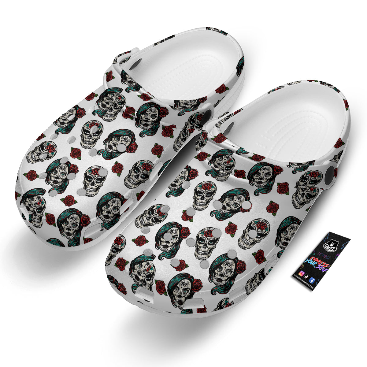 Sugar Skull White Floral Print Pattern Clog-grizzshop