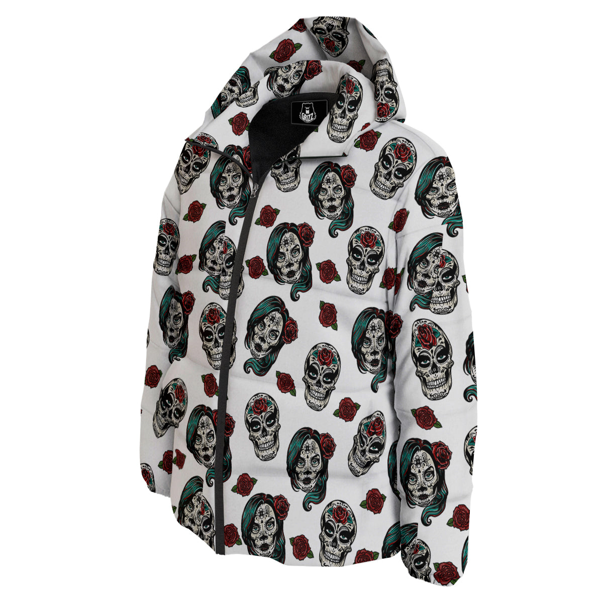 Sugar Skull White Floral Print Pattern Down Jacket-grizzshop