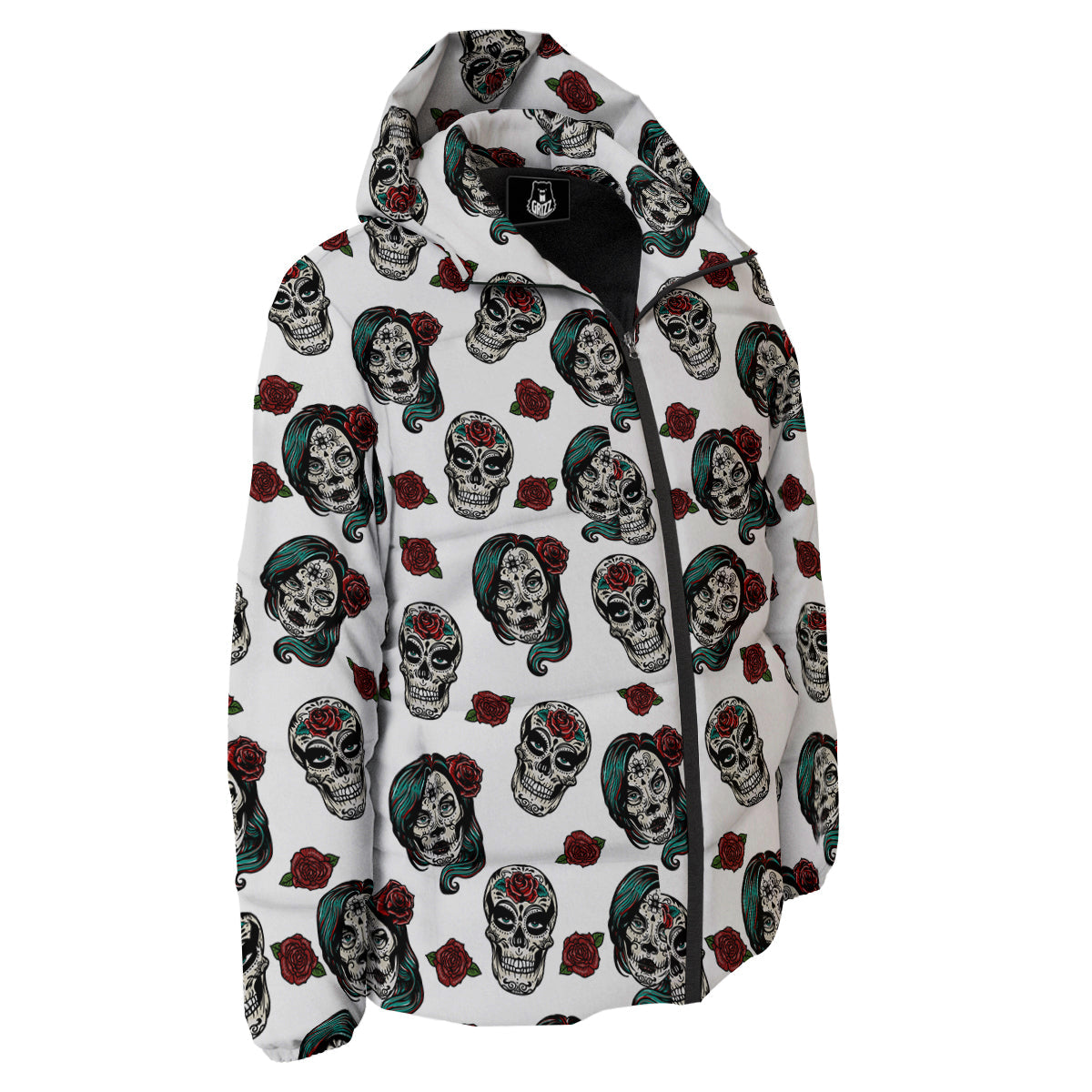 Sugar Skull White Floral Print Pattern Down Jacket-grizzshop