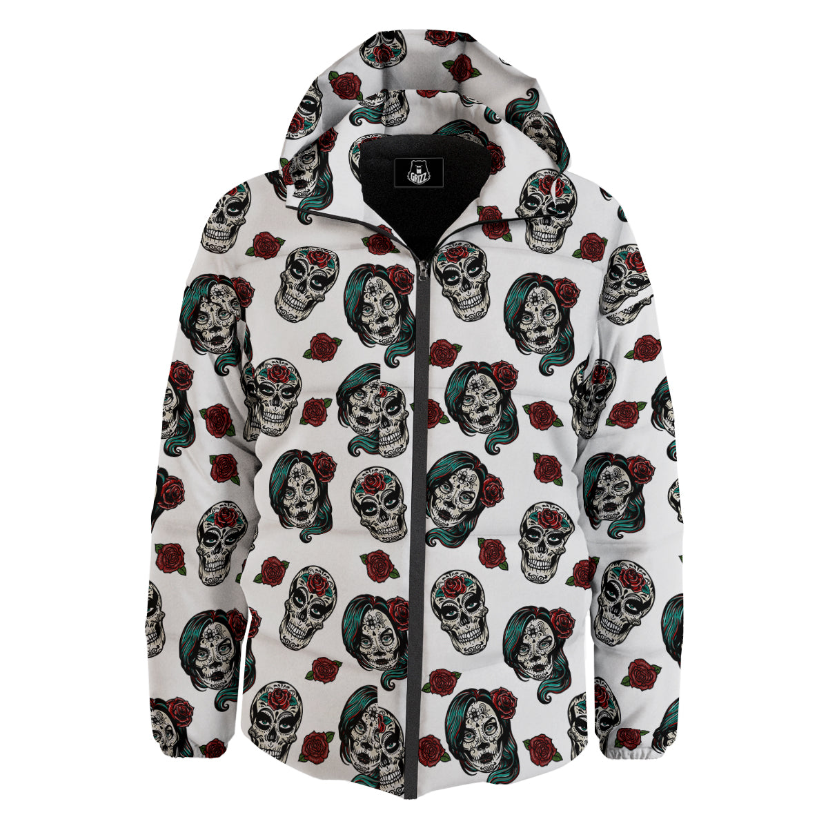 Sugar Skull White Floral Print Pattern Down Jacket-grizzshop
