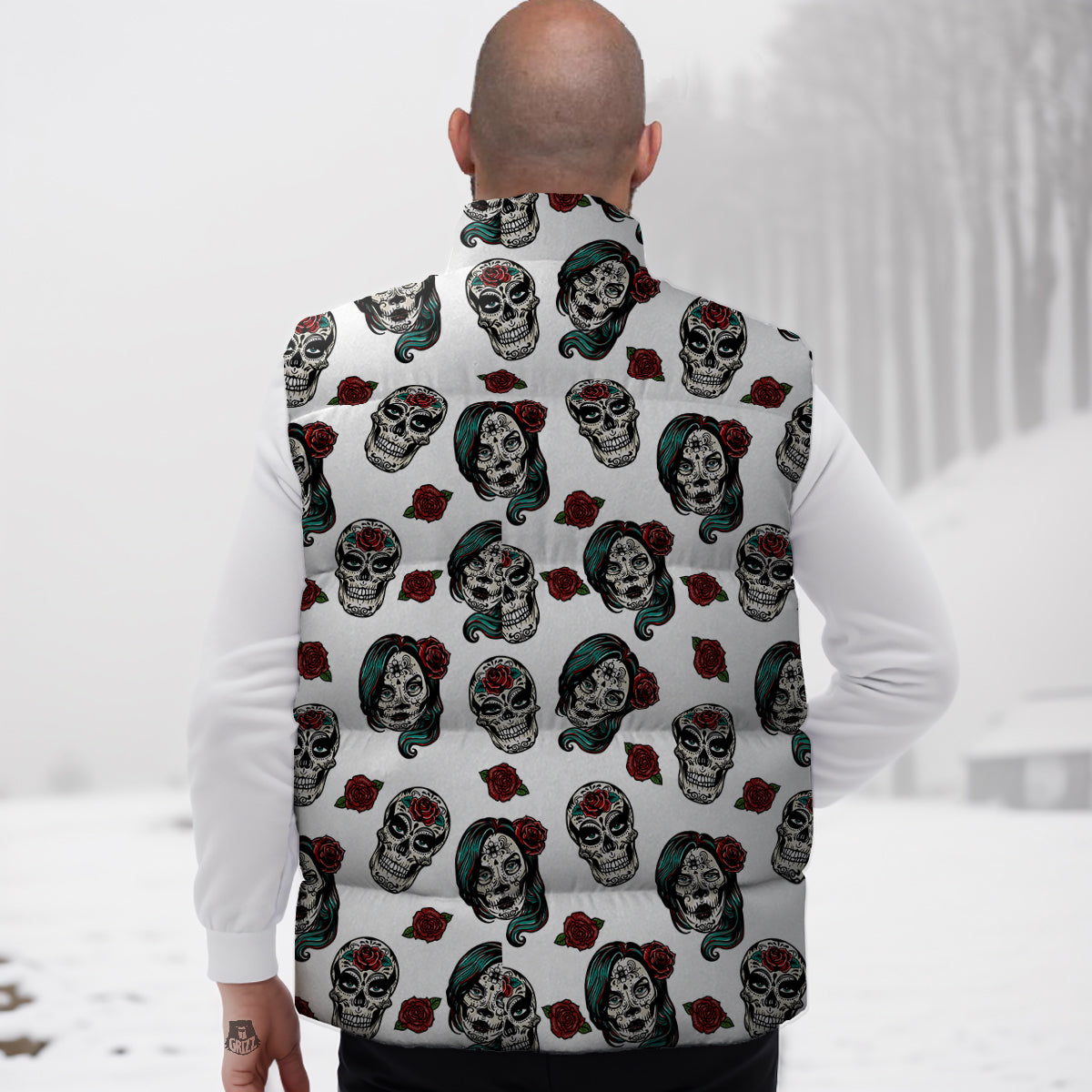 Sugar Skull White Floral Print Pattern Down Vest