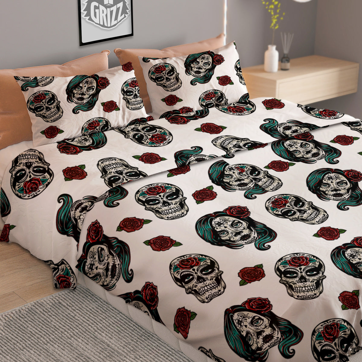 Sugar Skull White Floral Print Pattern Duvet Cover Bedding Set
