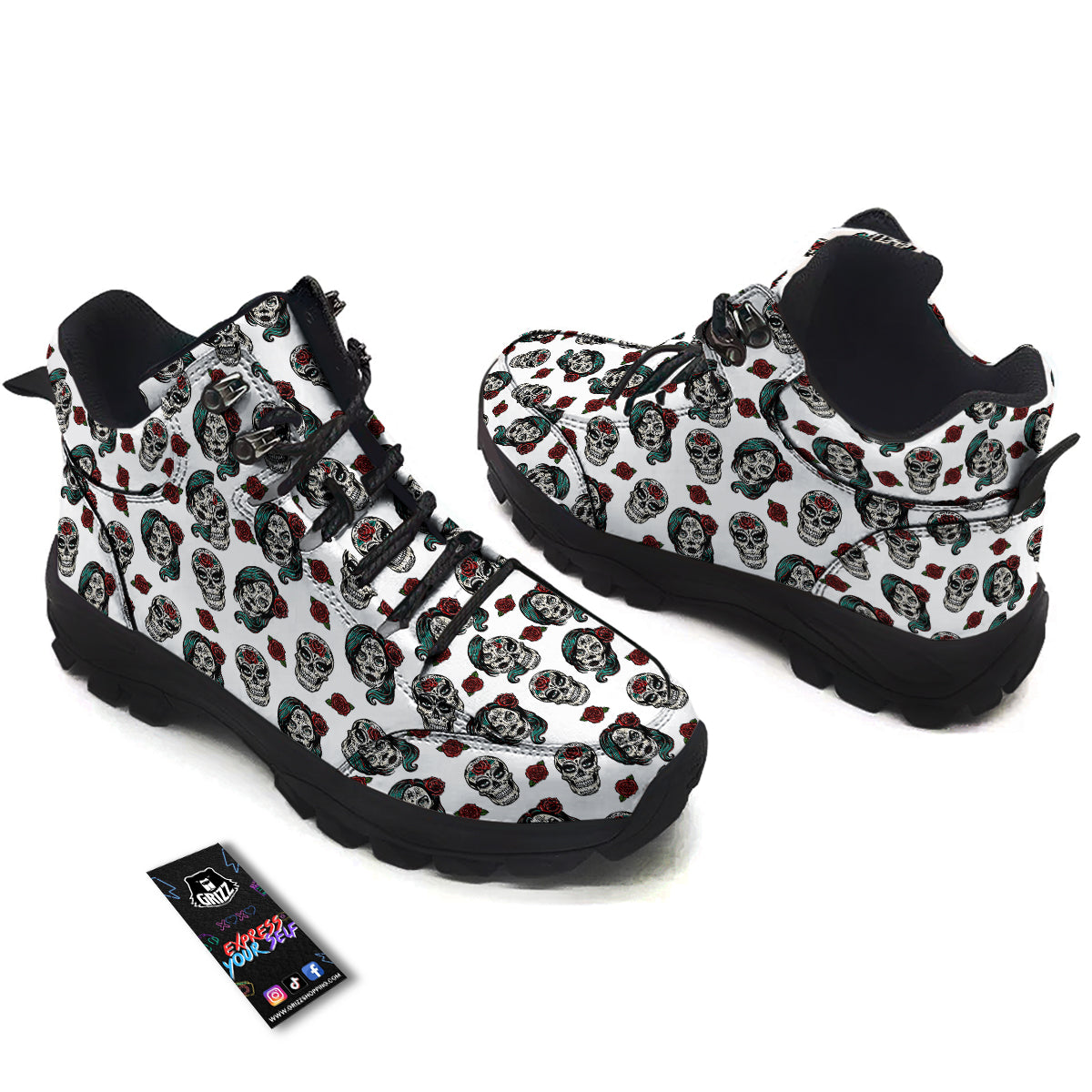 Sugar Skull White Floral Print Pattern Hiking Shoes-grizzshop