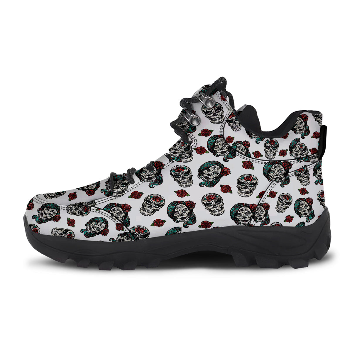 Sugar Skull White Floral Print Pattern Hiking Shoes-grizzshop