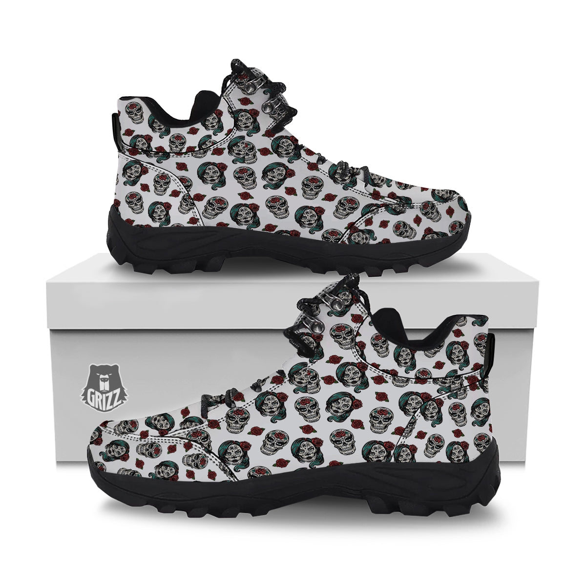 Sugar Skull White Floral Print Pattern Hiking Shoes-grizzshop