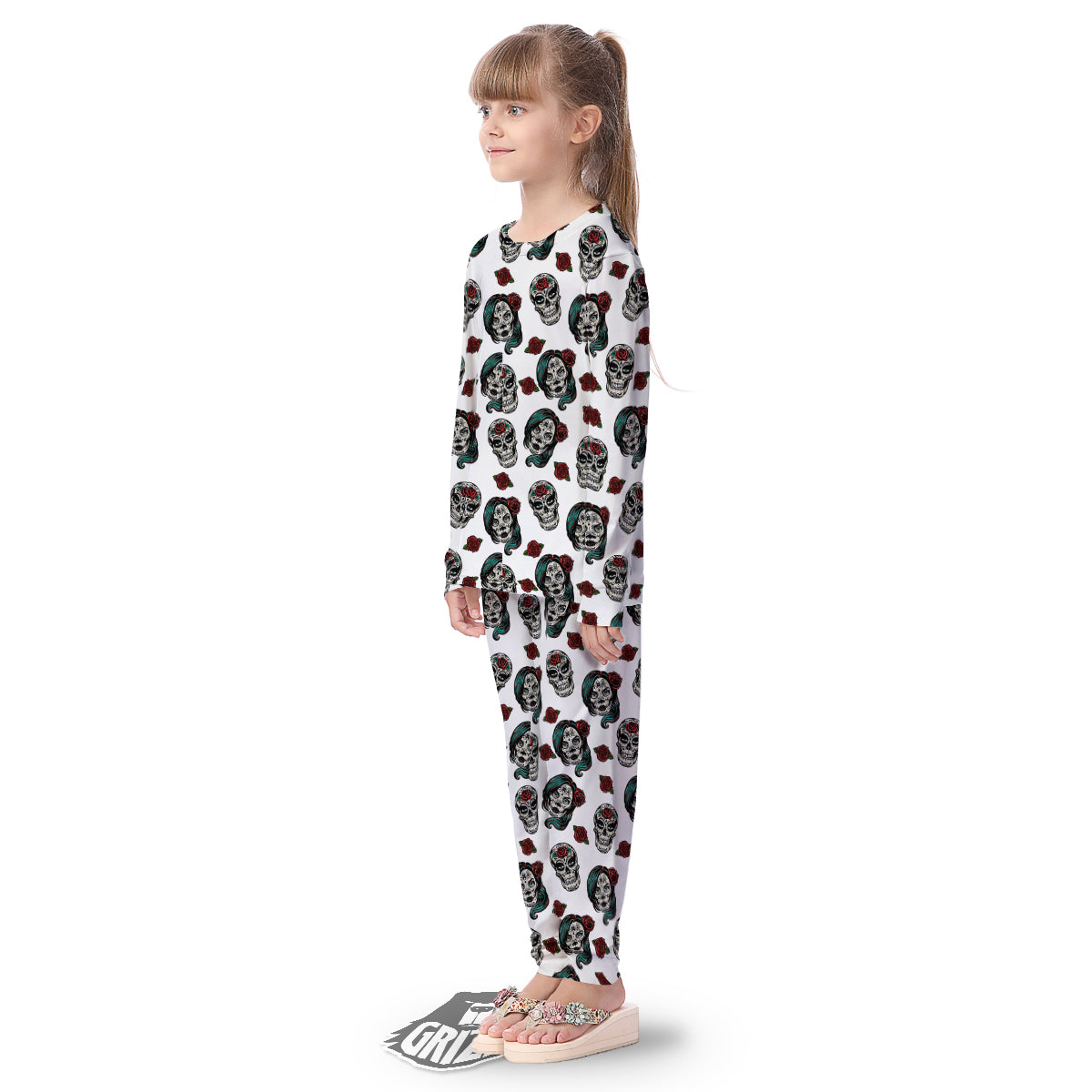 Sugar Skull White Floral Print Pattern Kid's Pajamas-grizzshop
