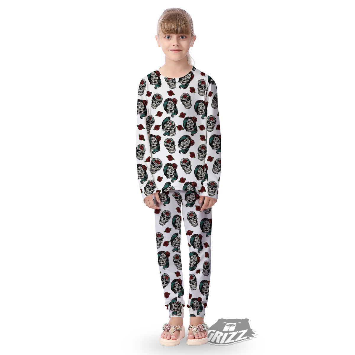 Sugar Skull White Floral Print Pattern Kid's Pajamas-grizzshop