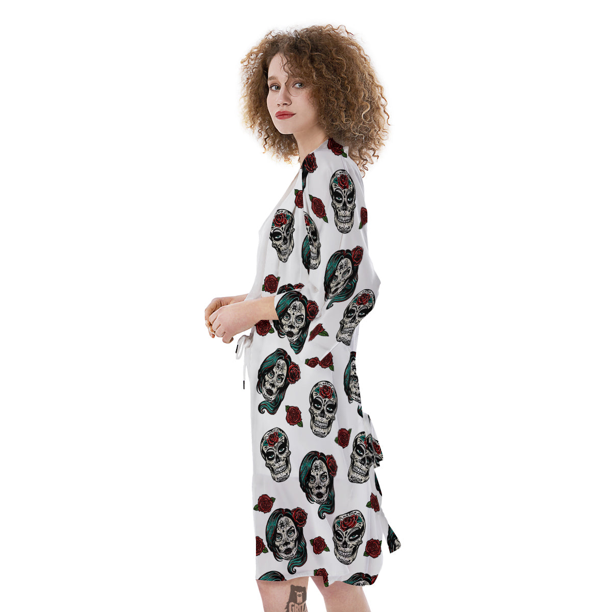 Sugar Skull White Floral Print Pattern Kimono-grizzshop