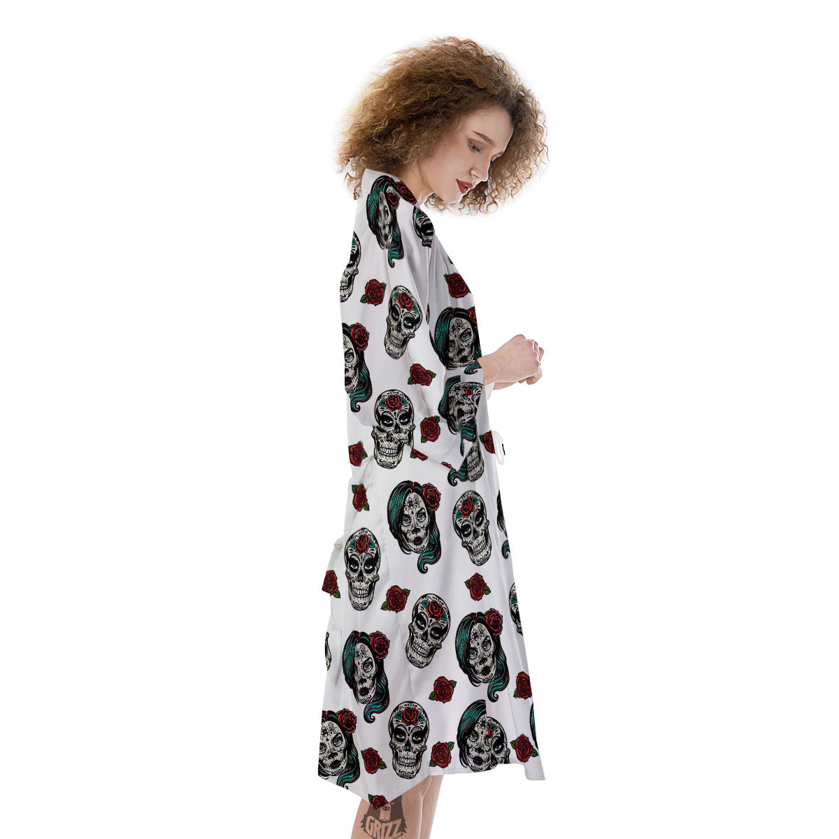 Sugar Skull White Floral Print Pattern Kimono-grizzshop