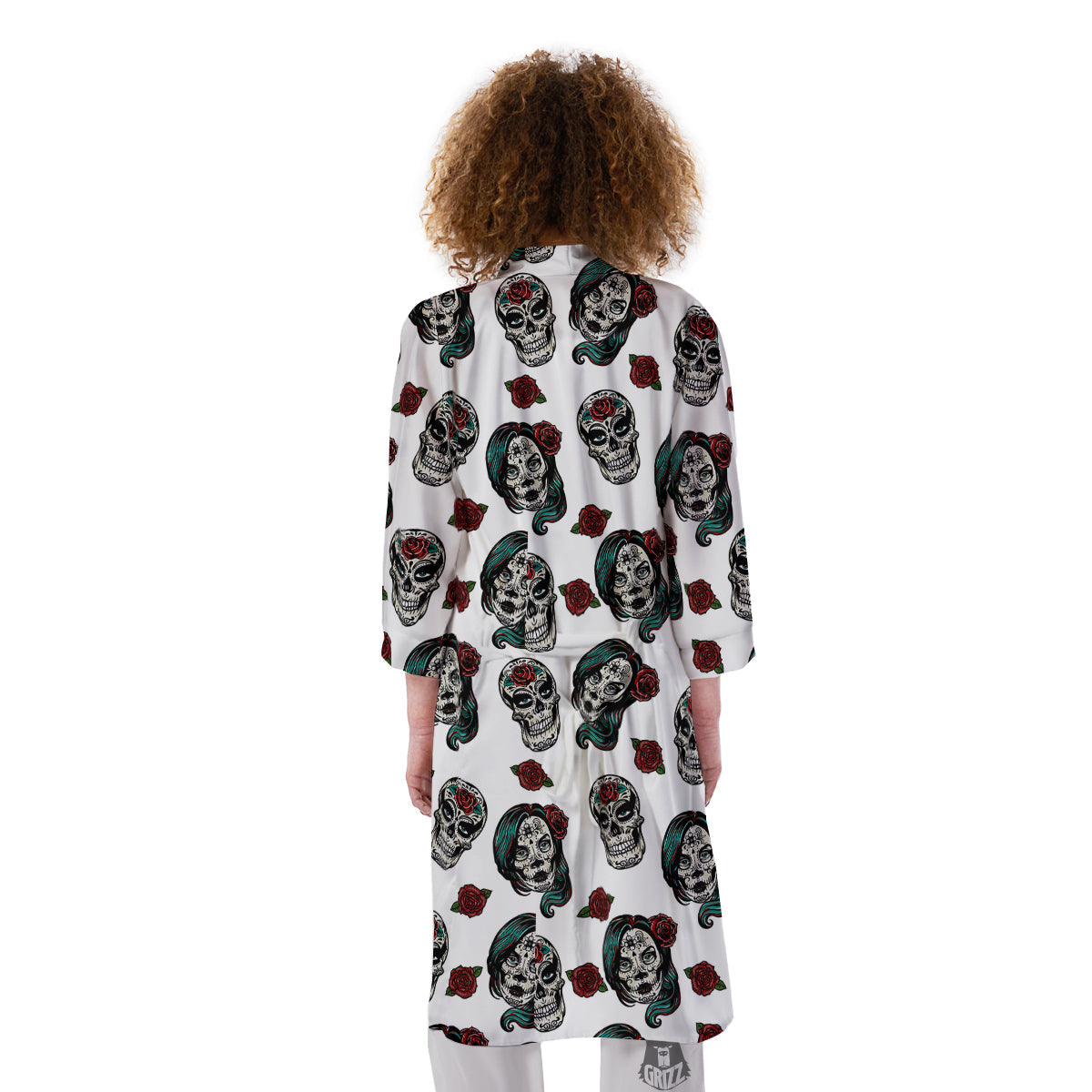 Sugar Skull White Floral Print Pattern Kimono-grizzshop