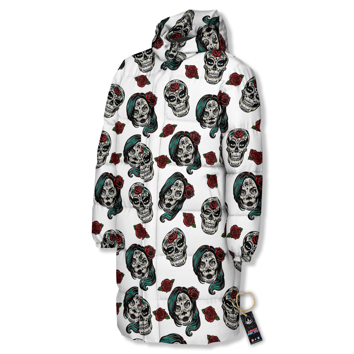 Sugar Skull White Floral Print Pattern Long Down Jacket-grizzshop