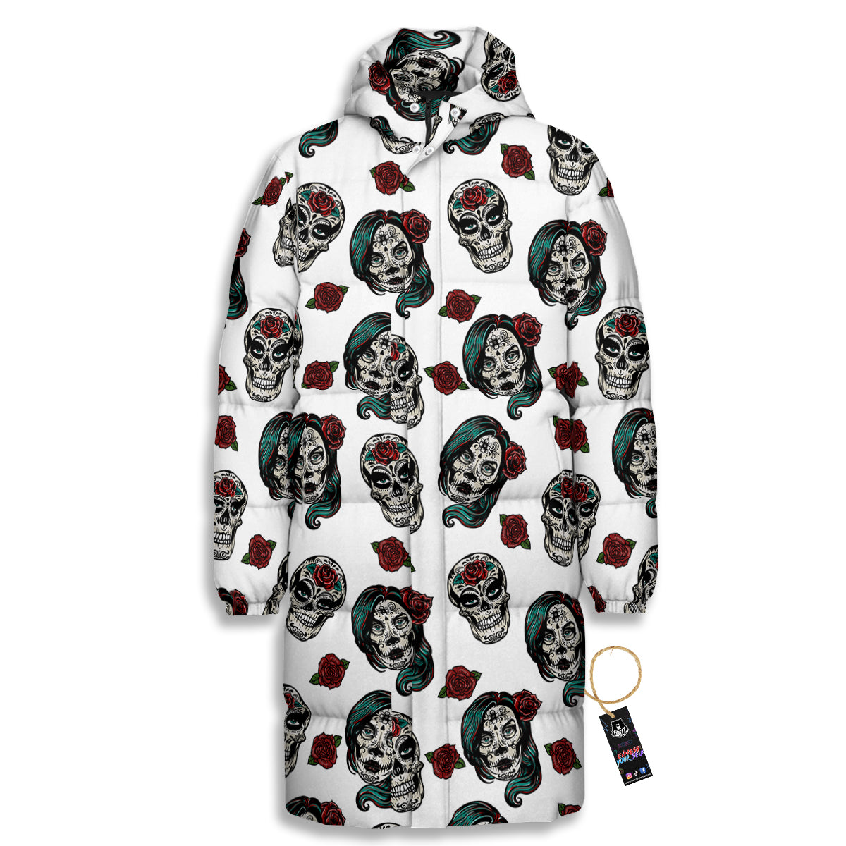Sugar Skull White Floral Print Pattern Long Down Jacket-grizzshop
