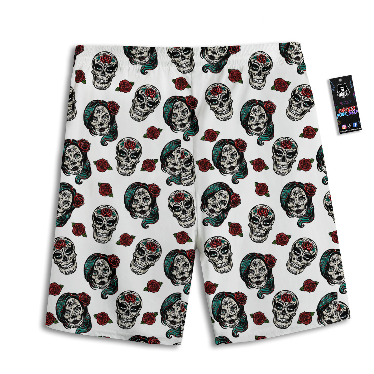 Sugar Skull White Floral Print Pattern Men's Athletic Shorts
