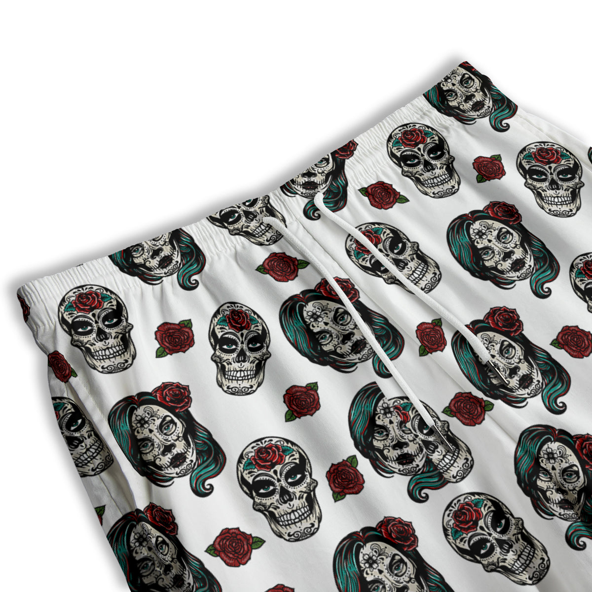 Sugar Skull White Floral Print Pattern Men's Athletic Shorts