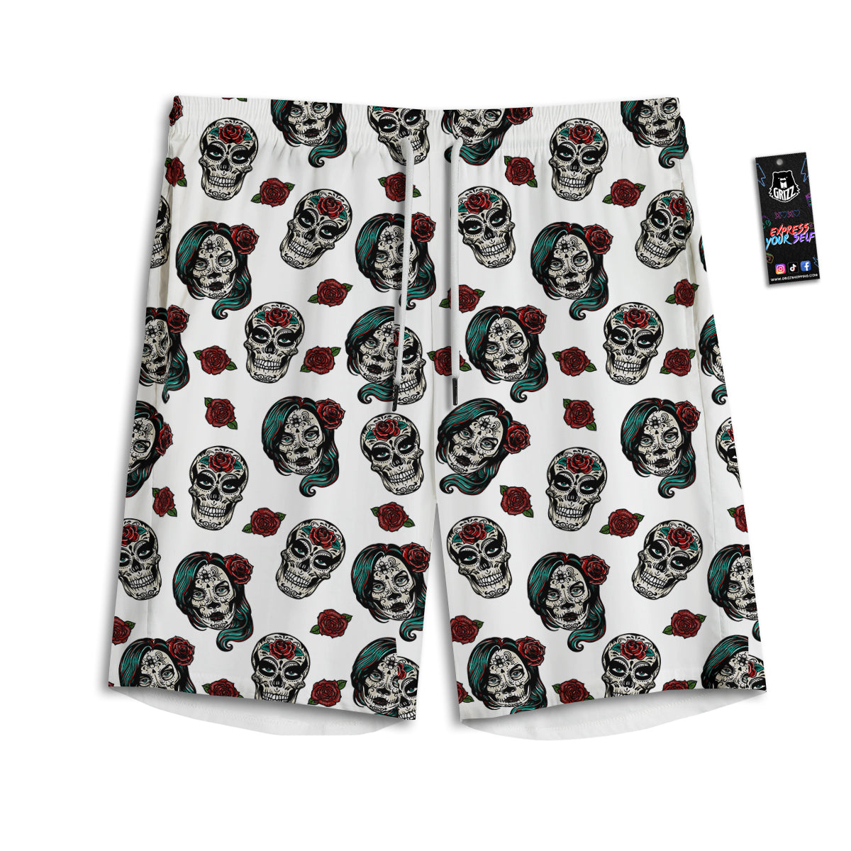 Sugar Skull White Floral Print Pattern Men's Athletic Shorts