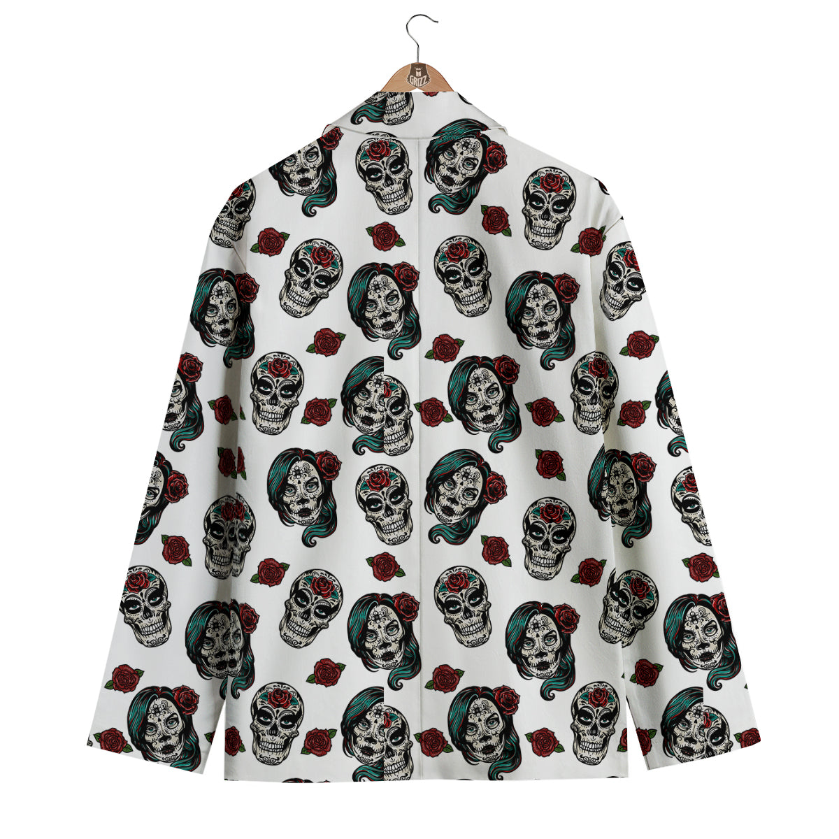 Sugar Skull White Floral Print Pattern Men's Blazer-grizzshop