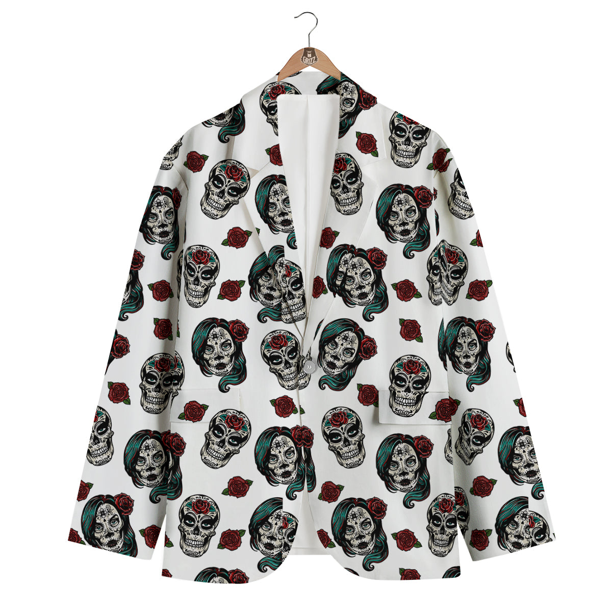Sugar Skull White Floral Print Pattern Men's Blazer-grizzshop