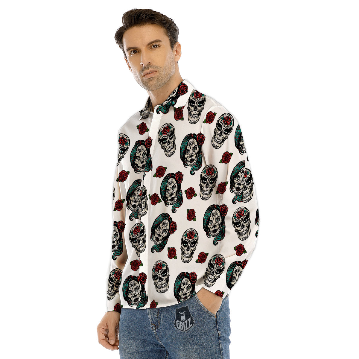 Sugar Skull White Floral Print Pattern Men's Dress Shirts-grizzshop