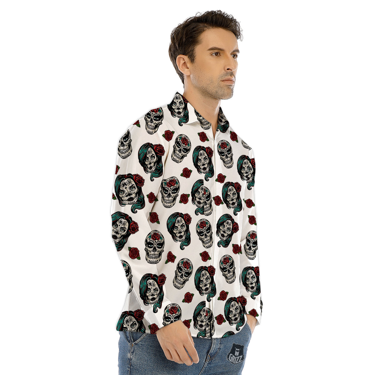 Sugar Skull White Floral Print Pattern Men's Dress Shirts-grizzshop