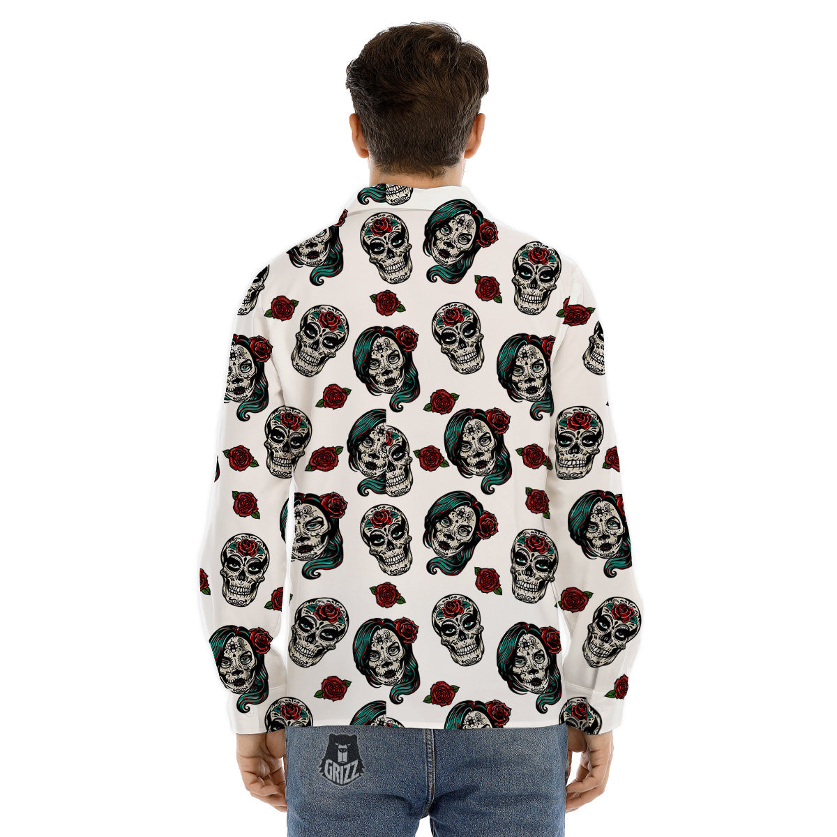Sugar Skull White Floral Print Pattern Men's Dress Shirts-grizzshop