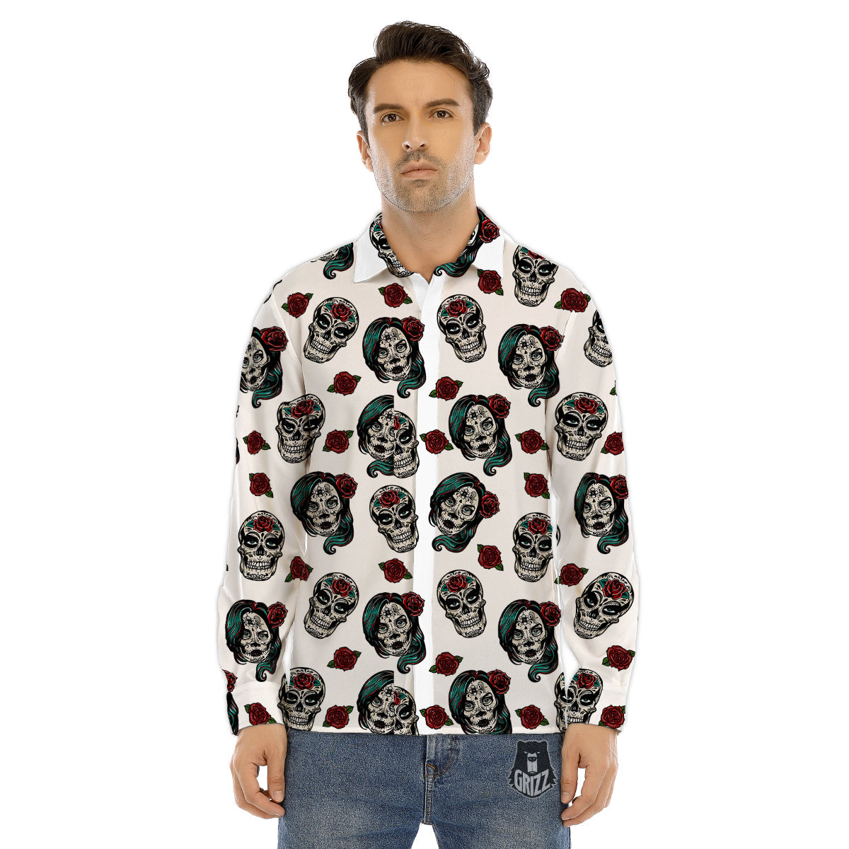 Sugar Skull White Floral Print Pattern Men's Dress Shirts-grizzshop
