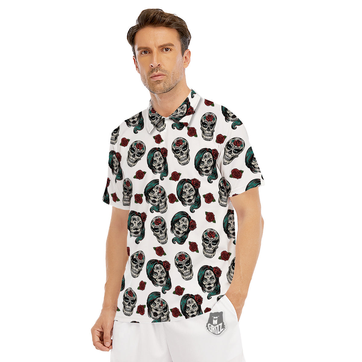 Sugar Skull White Floral Print Pattern Men's Golf Shirts-grizzshop