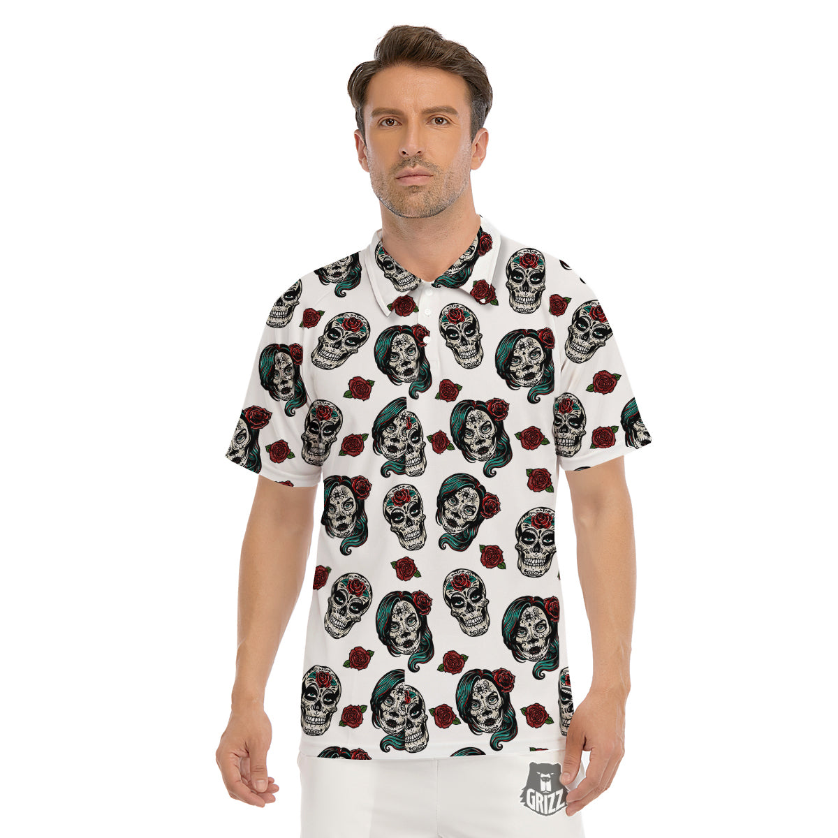 Sugar Skull White Floral Print Pattern Men's Golf Shirts-grizzshop