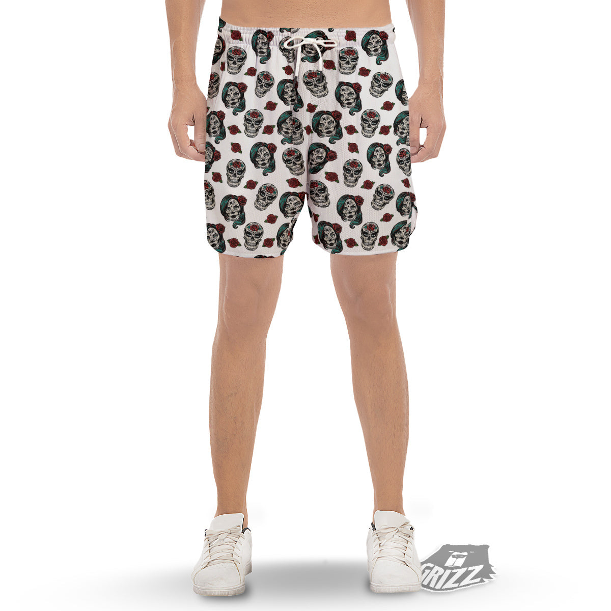 Sugar Skull White Floral Print Pattern Men's Gym Shorts-grizzshop