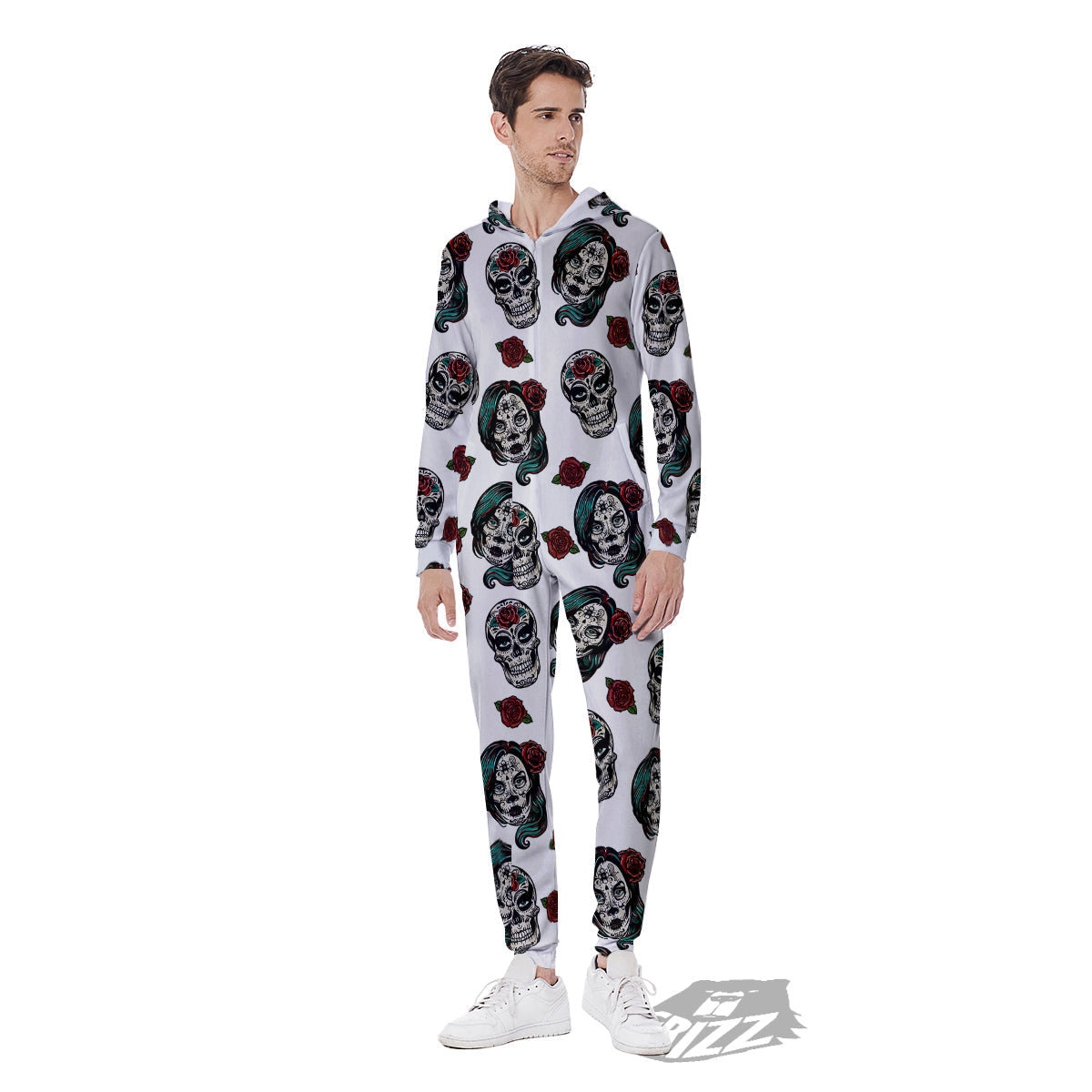 Sugar Skull White Floral Print Pattern Men's Jumpsuit-grizzshop