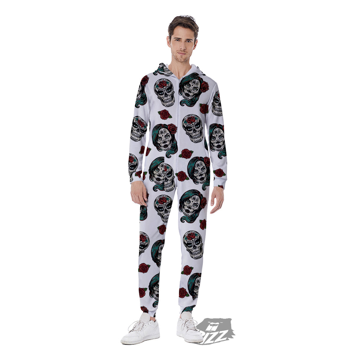 Sugar Skull White Floral Print Pattern Men's Jumpsuit-grizzshop