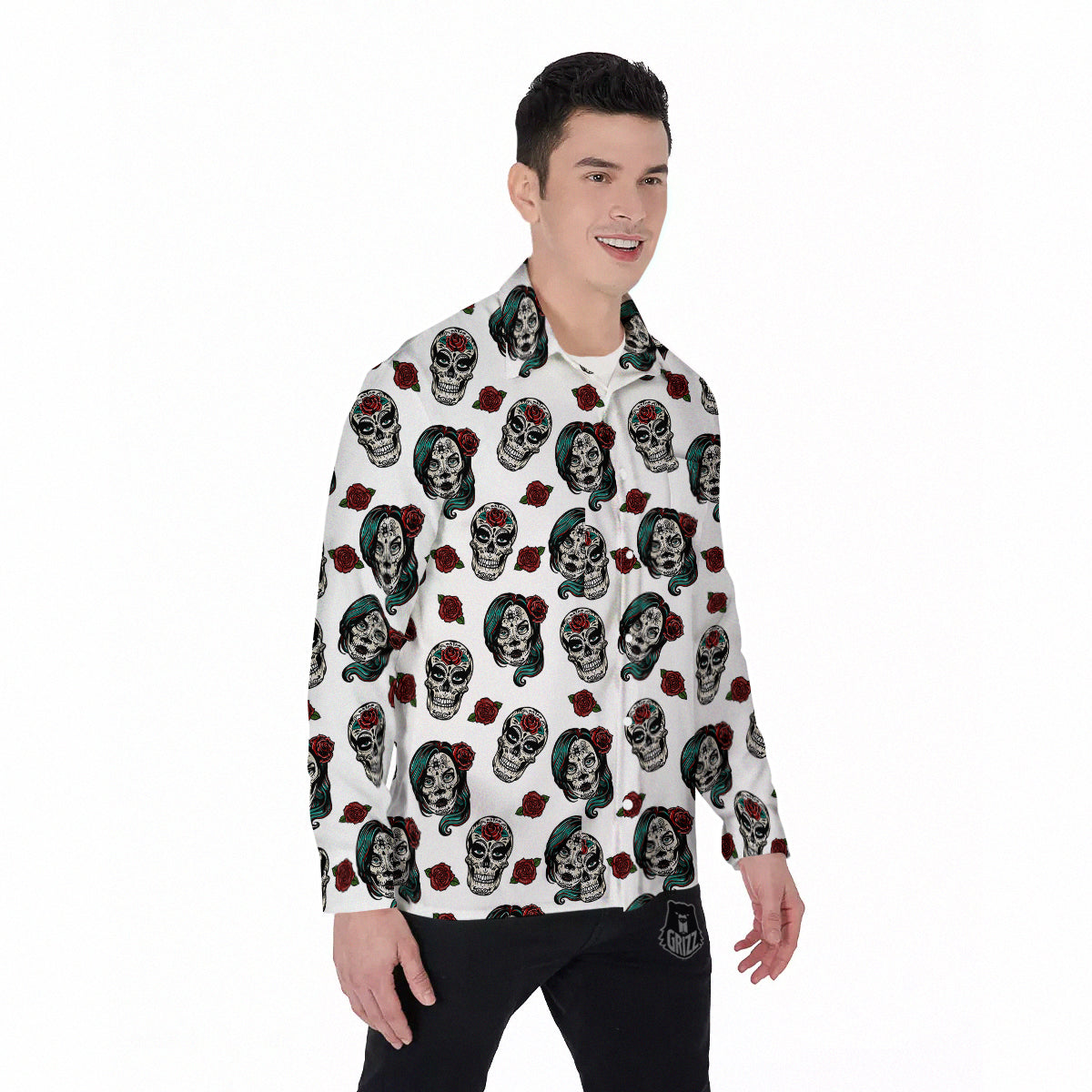 Sugar Skull White Floral Print Pattern Men's Long Sleeve Shirts-grizzshop