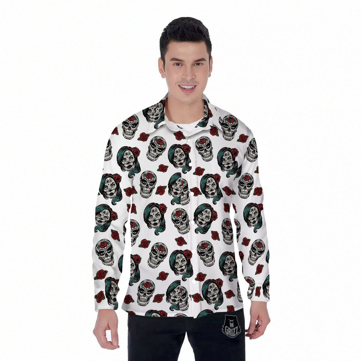 Sugar Skull White Floral Print Pattern Men's Long Sleeve Shirts-grizzshop
