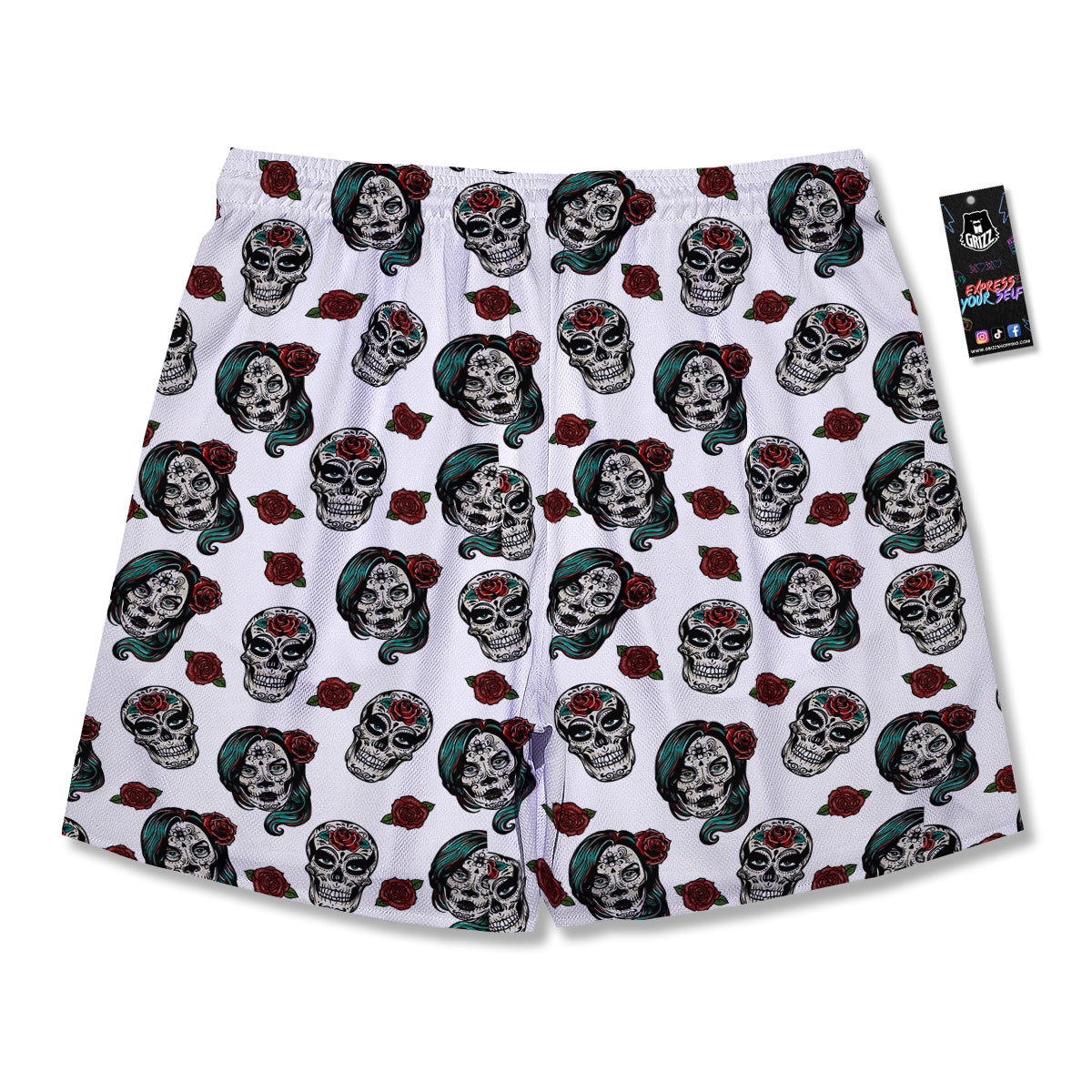 Sugar Skull White Floral Print Pattern Men's Running Shorts-grizzshop