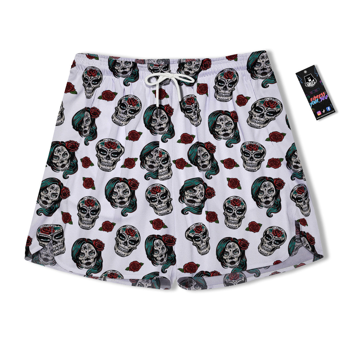Sugar Skull White Floral Print Pattern Men's Running Shorts-grizzshop