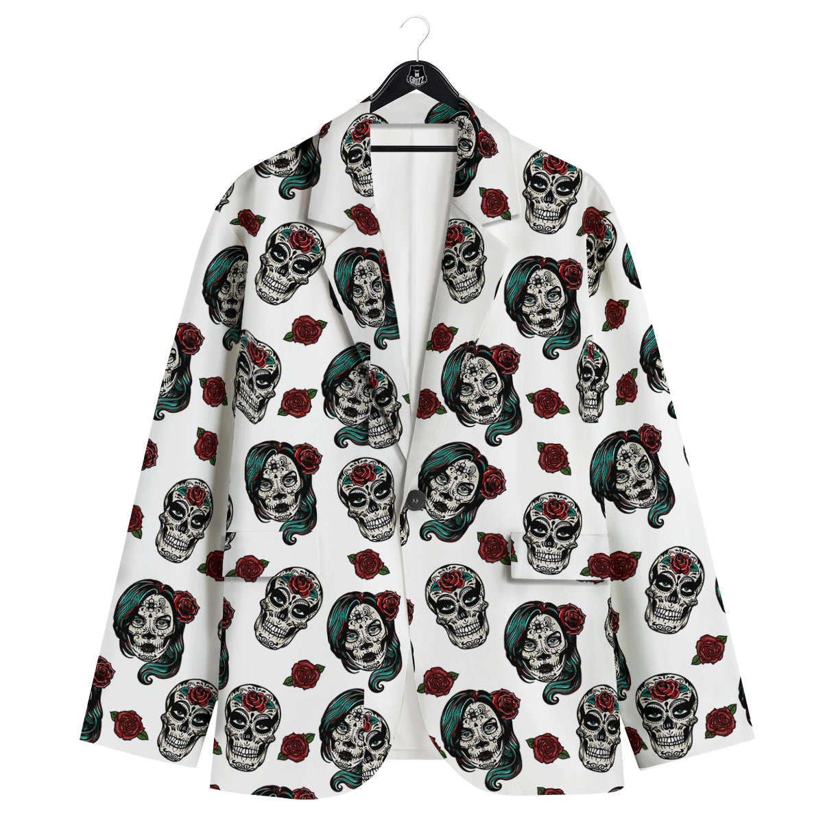 Sugar Skull White Floral Print Pattern Men's Sport Coat-grizzshop