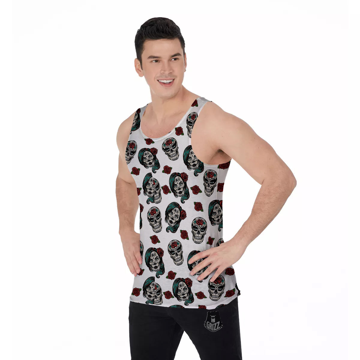 Sugar Skull White Floral Print Pattern Men's Tank Top-grizzshop