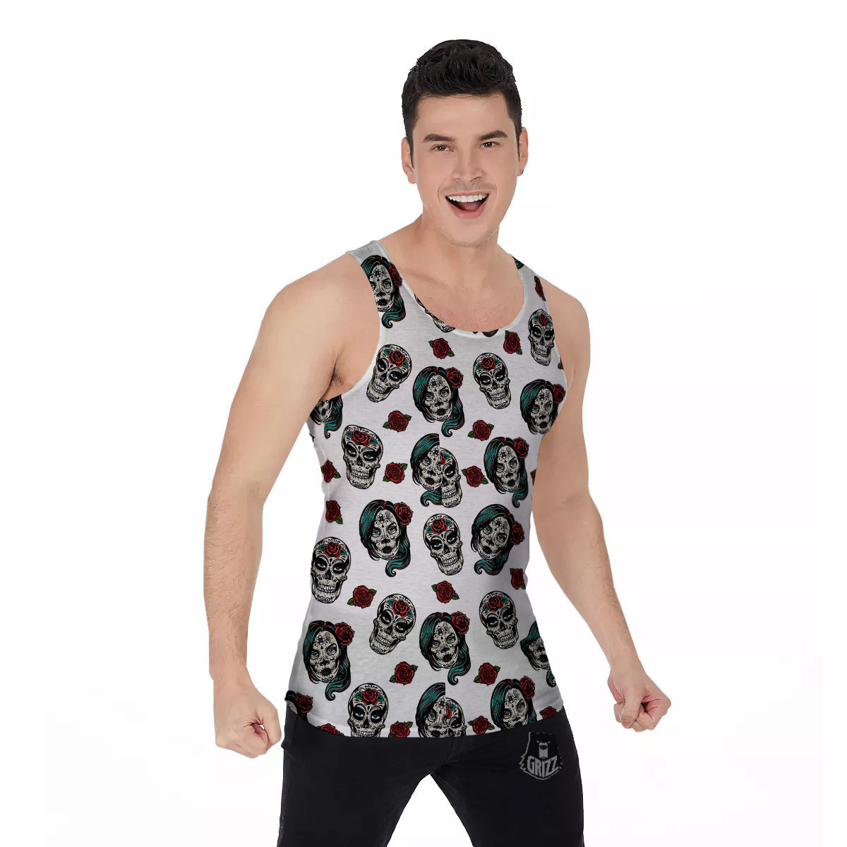 Sugar Skull White Floral Print Pattern Men's Tank Top-grizzshop