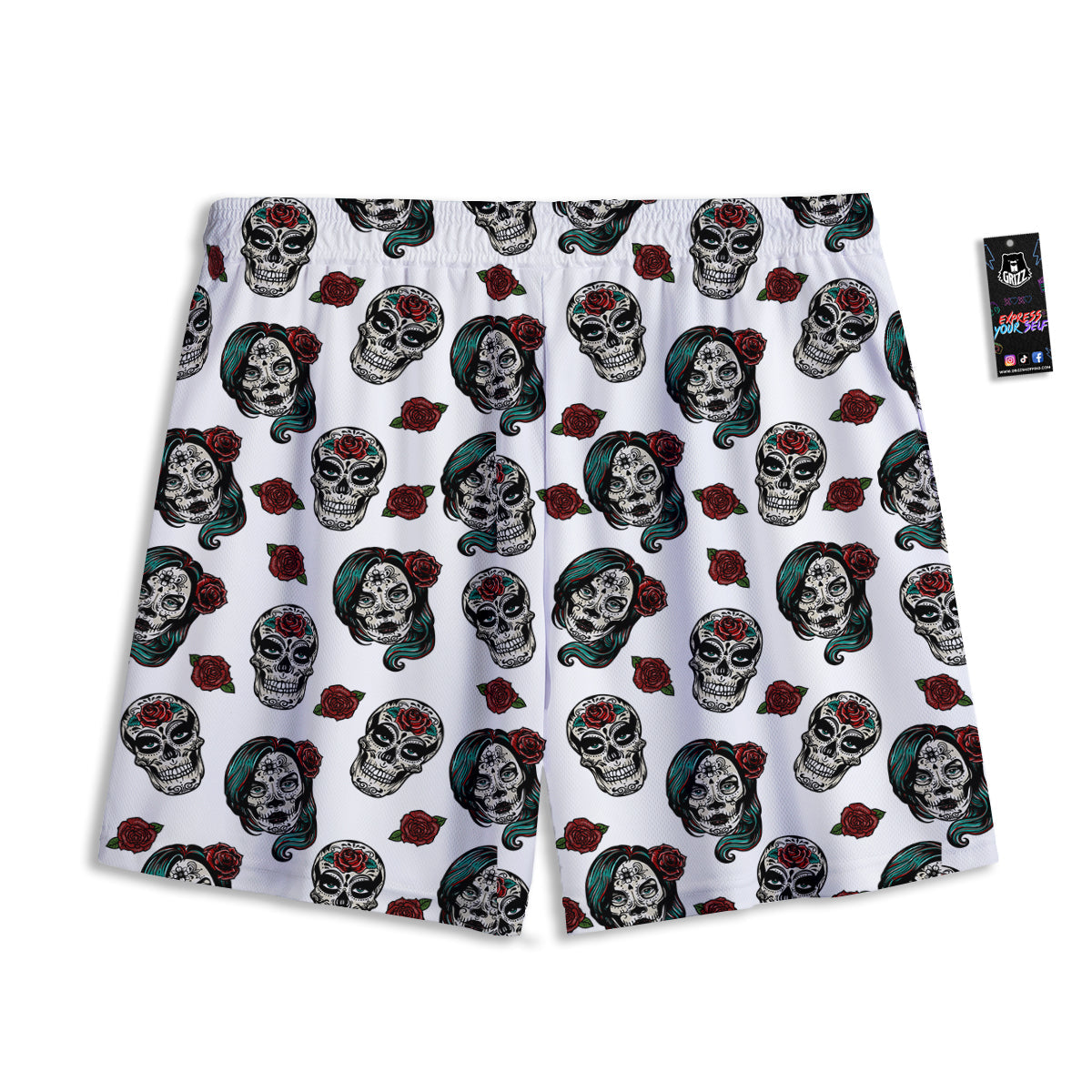 Sugar Skull White Floral Print Pattern Mesh Shorts