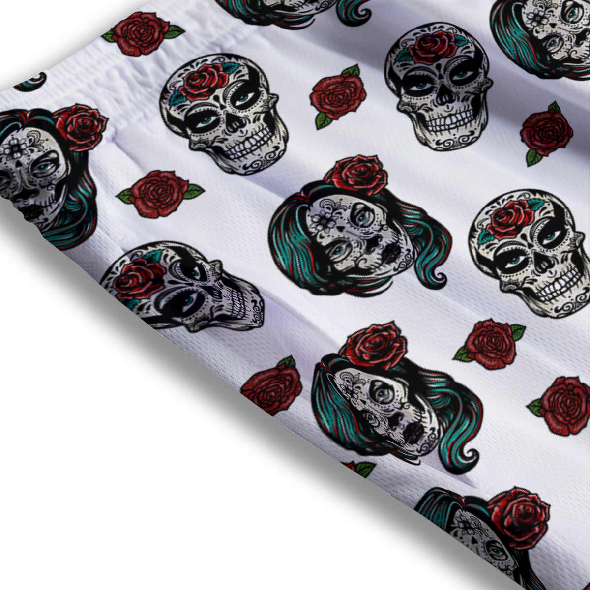 Sugar Skull White Floral Print Pattern Mesh Shorts