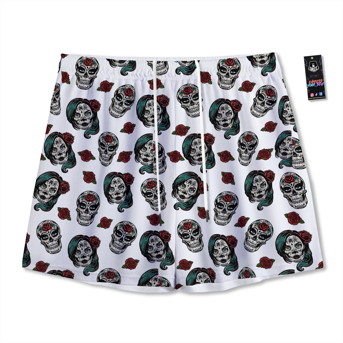 Sugar Skull White Floral Print Pattern Mesh Shorts