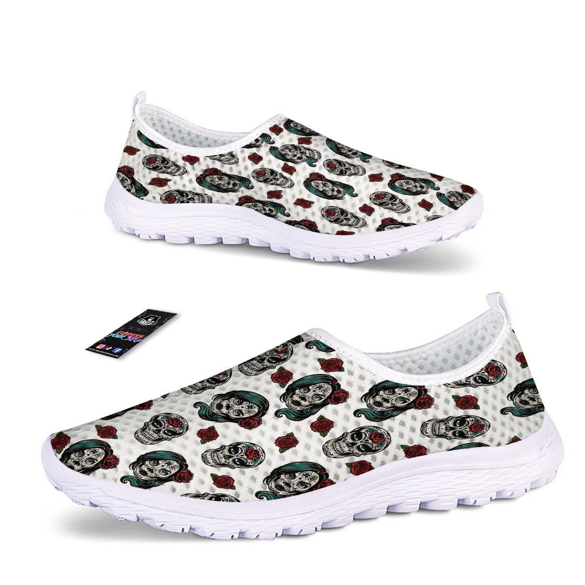 Sugar Skull White Floral Print Pattern Nurse Shoes-grizzshop