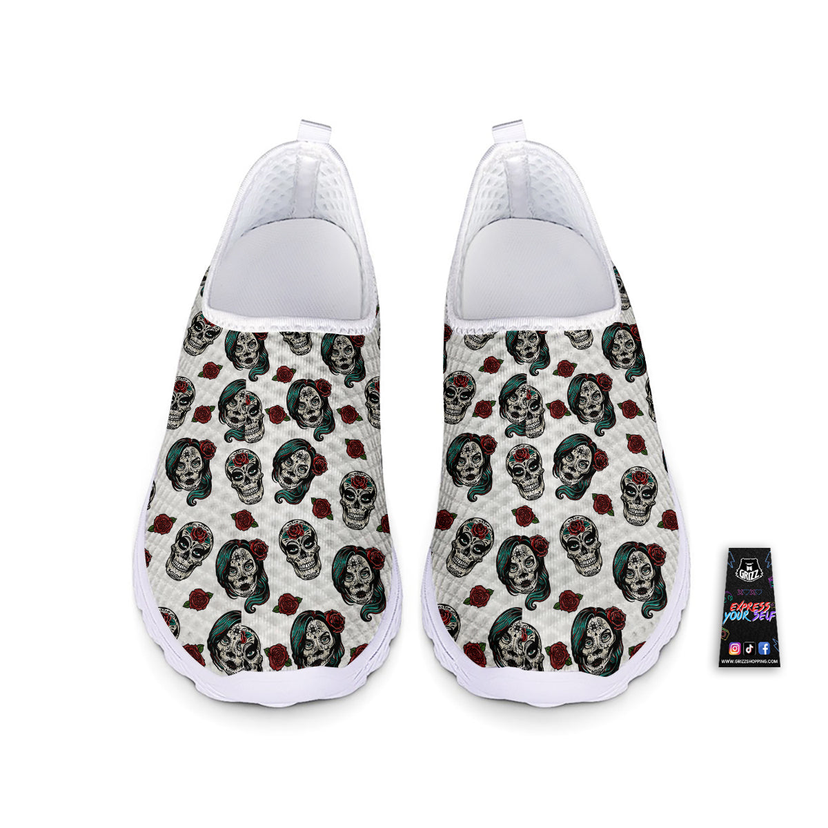 Sugar Skull White Floral Print Pattern Nurse Shoes-grizzshop