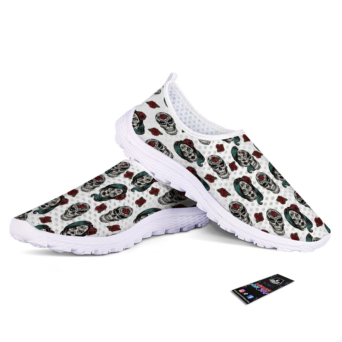 Sugar Skull White Floral Print Pattern Nurse Shoes-grizzshop